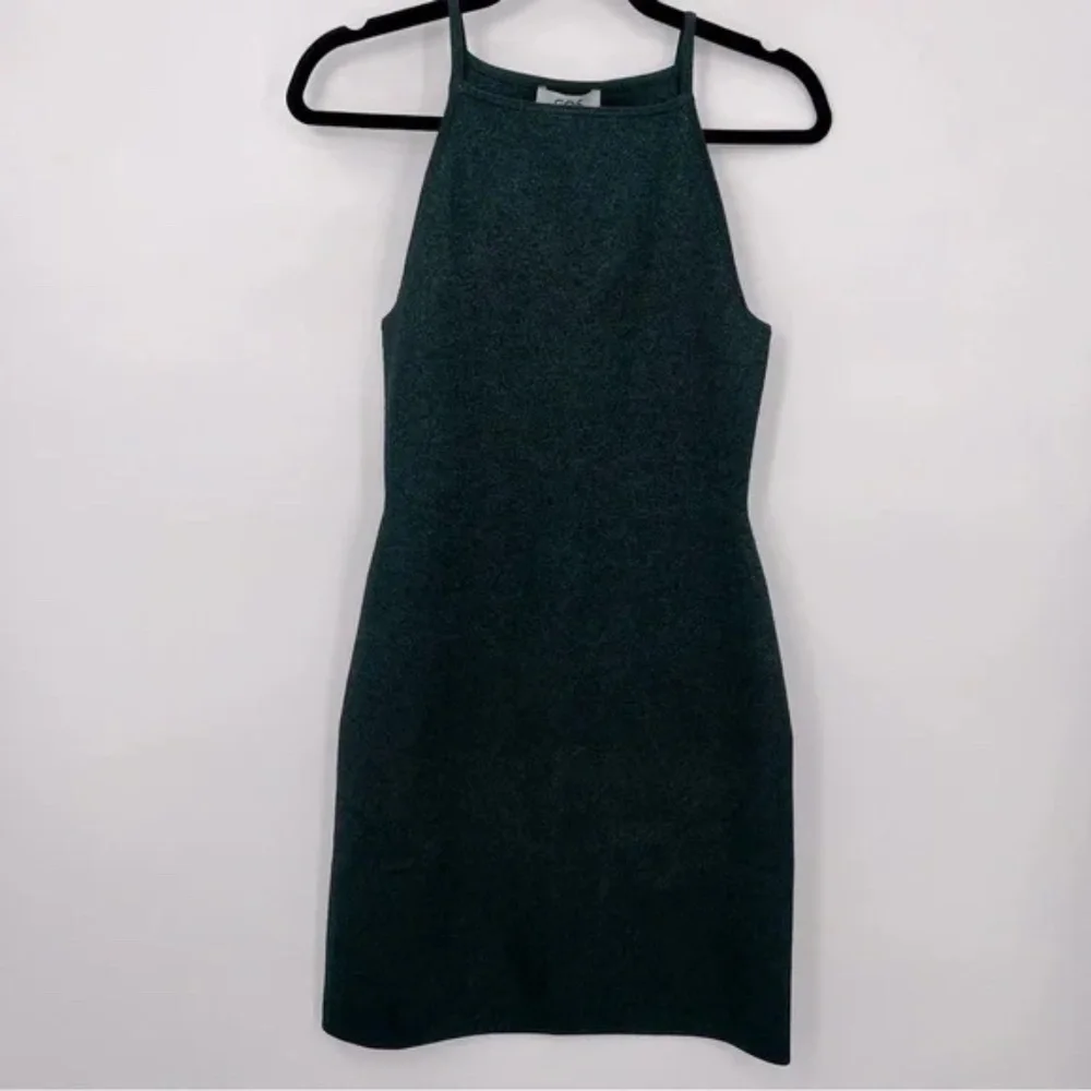 COS Knitted Bodycon Mini Dress Metallic Green Square Neck Elastic Sheath Dress - Picture 5 of 8
